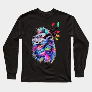 Colorful Lion Face Aztec Long Sleeve T-Shirt